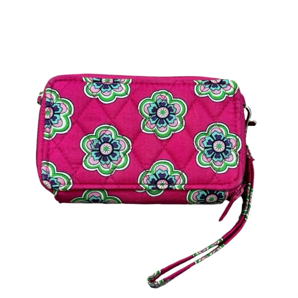 Vera Bradley Pink Swirls Flowers Quilted Compact Crossbody Wristlet/Wallet/Purse